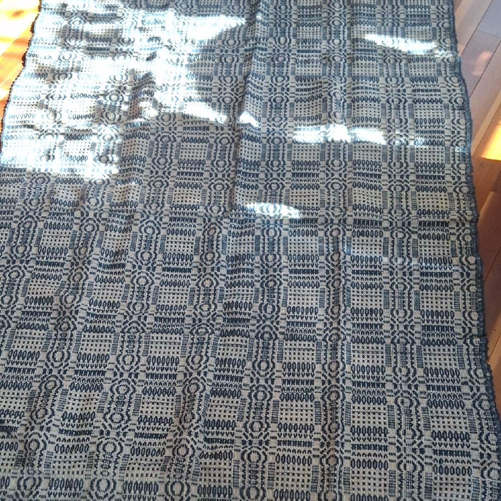 Antique navy & cream wool & linen coverlet